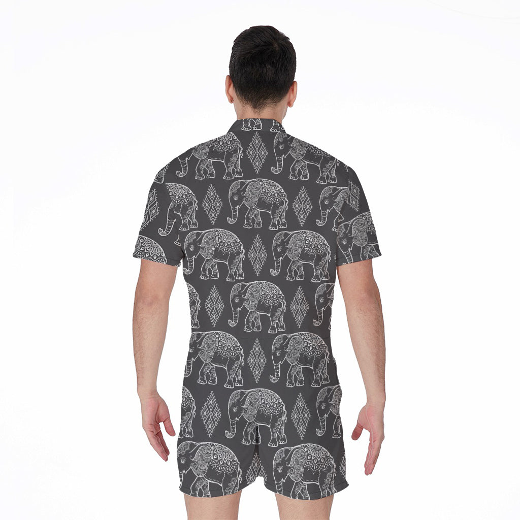 White And Grey Indian Elephant Print Men's Rompers