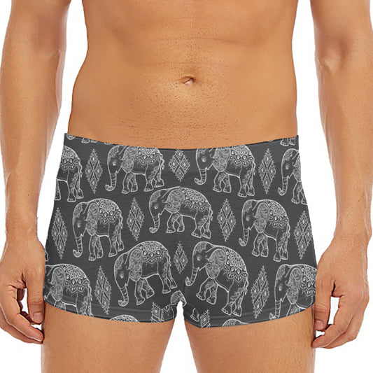 White And Grey Indian Elephant Print Men's Short Boxer Briefs