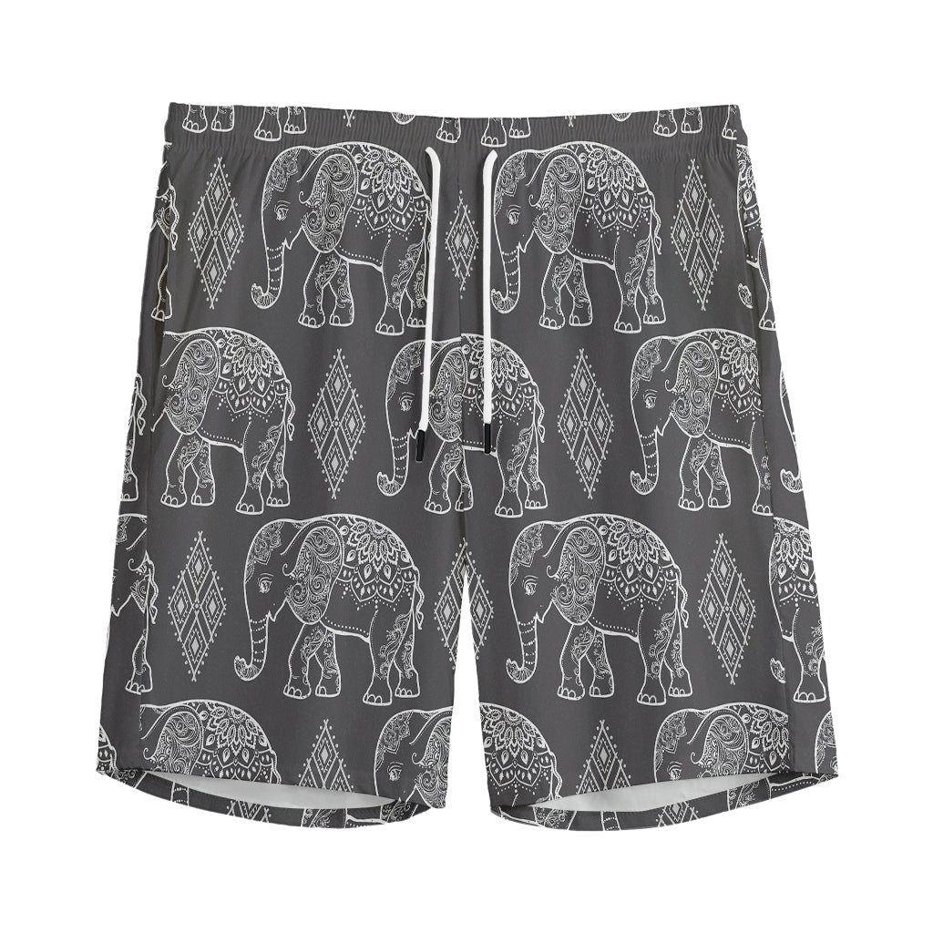 White And Grey Indian Elephant Print Men's Sports Shorts