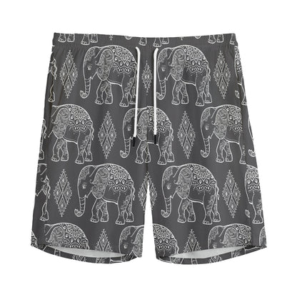 White And Grey Indian Elephant Print Men's Sports Shorts
