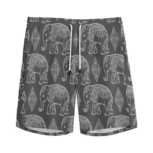 White And Grey Indian Elephant Print Men's Sports Shorts