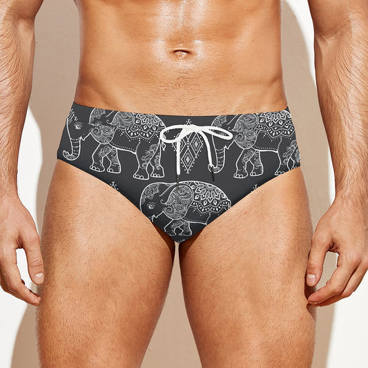 White And Grey Indian Elephant Print Men's Swim Briefs