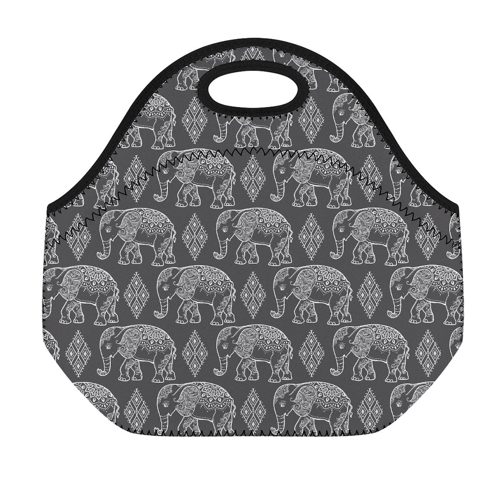 White And Grey Indian Elephant Print Neoprene Lunch Bag