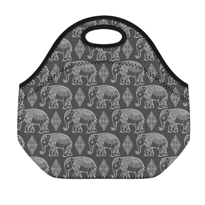 White And Grey Indian Elephant Print Neoprene Lunch Bag