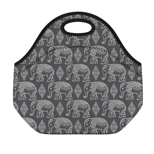 White And Grey Indian Elephant Print Neoprene Lunch Bag