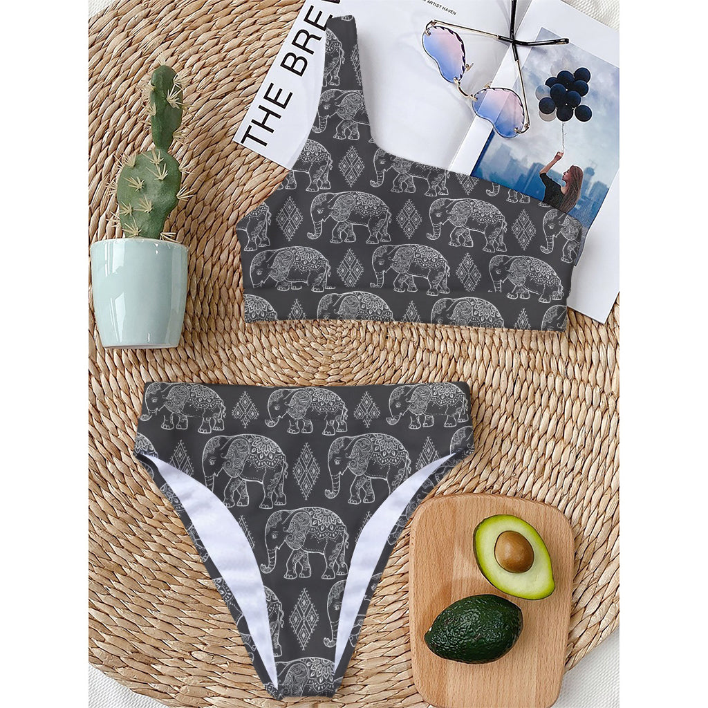 White And Grey Indian Elephant Print One Shoulder Bikini Top