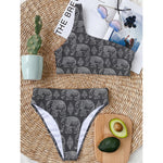 White And Grey Indian Elephant Print One Shoulder Bikini Top