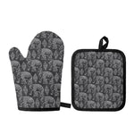White And Grey Indian Elephant Print Oven Mitt And Pot Holder Set