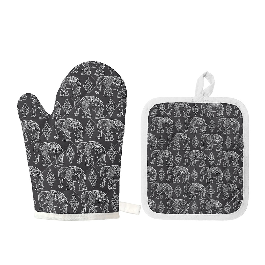 White And Grey Indian Elephant Print Oven Mitt And Pot Holder Set
