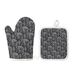 White And Grey Indian Elephant Print Oven Mitt And Pot Holder Set