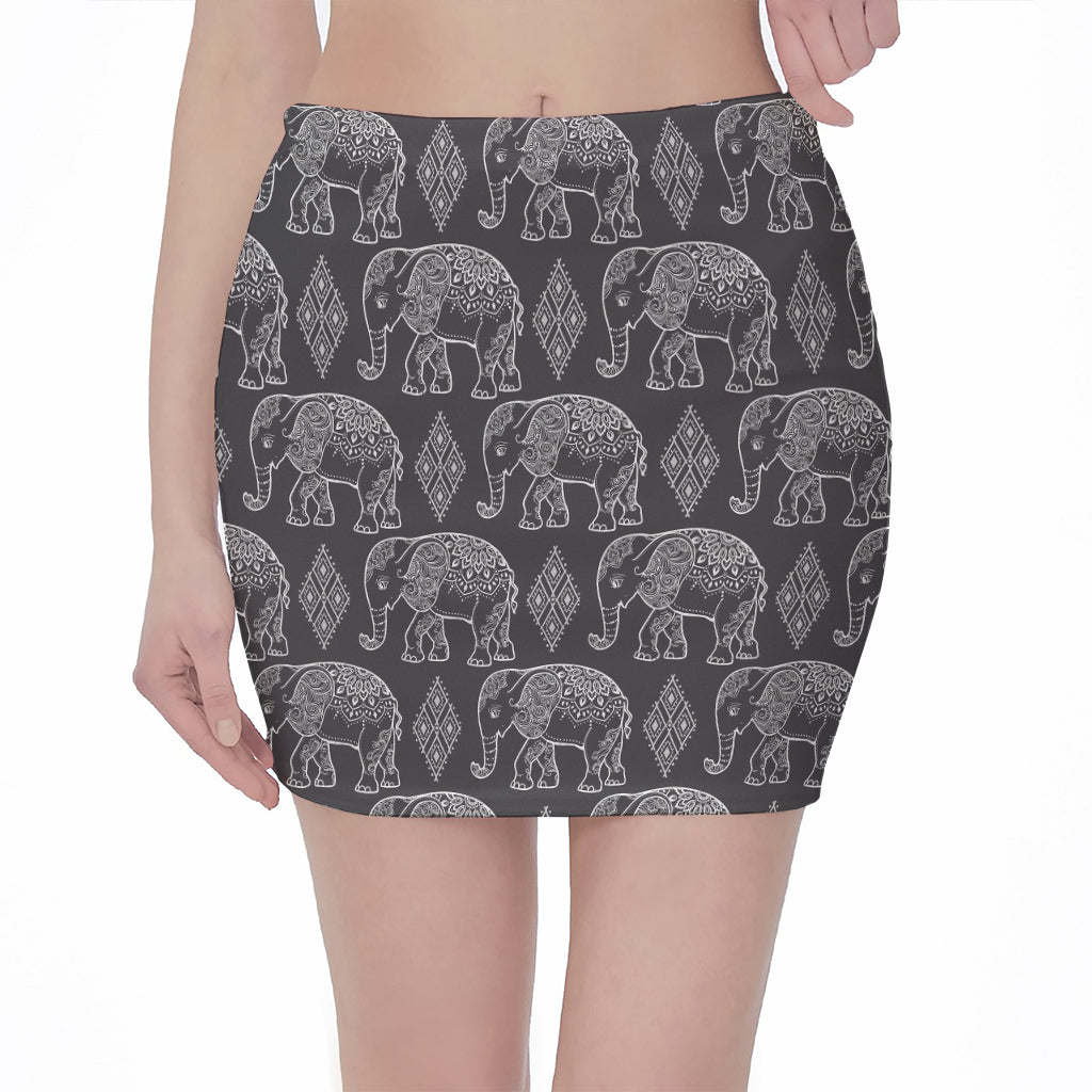 White And Grey Indian Elephant Print Pencil Mini Skirt