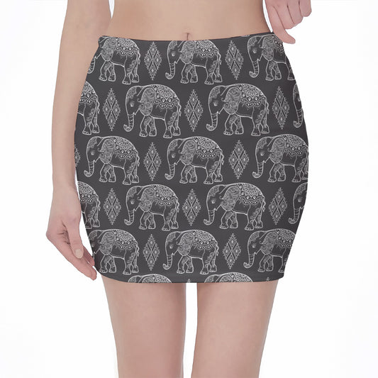 White And Grey Indian Elephant Print Pencil Mini Skirt