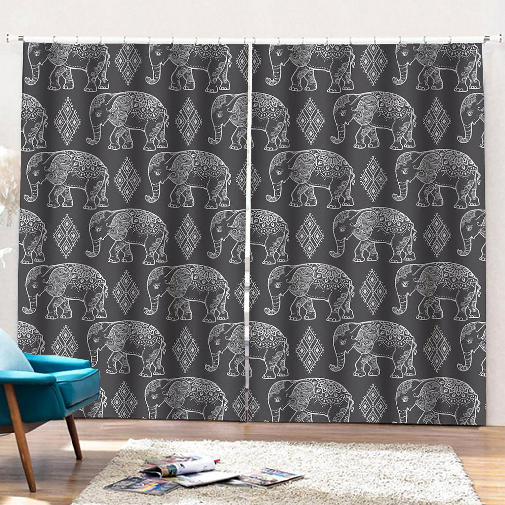 White And Grey Indian Elephant Print Pencil Pleat Curtains