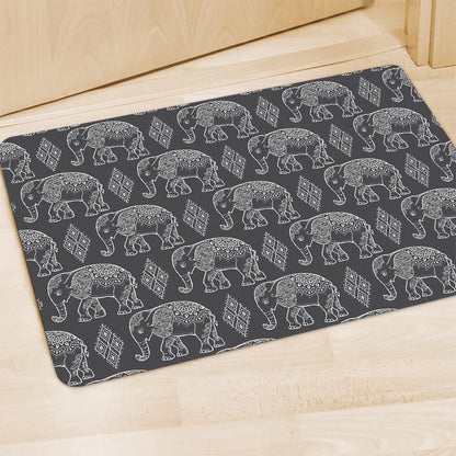 White And Grey Indian Elephant Print Polyester Doormat