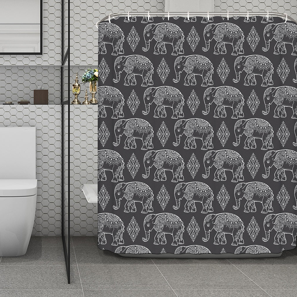 White And Grey Indian Elephant Print Polyester Shower Curtain