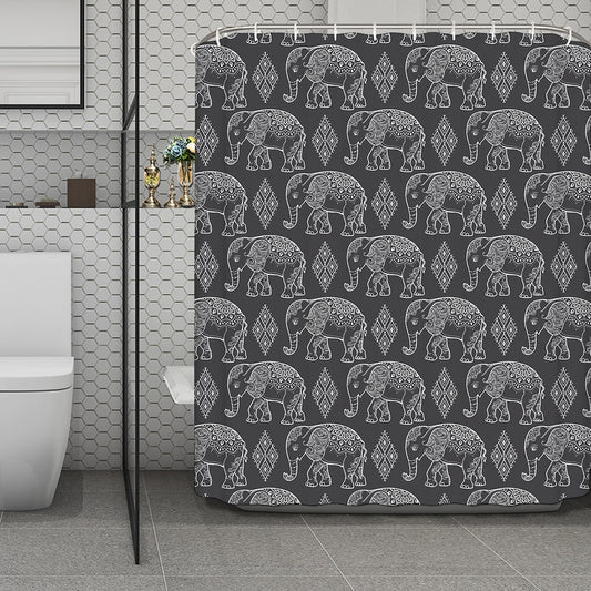 White And Grey Indian Elephant Print Polyester Shower Curtain