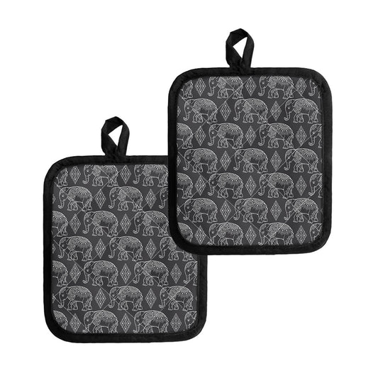 White And Grey Indian Elephant Print Pot Holders