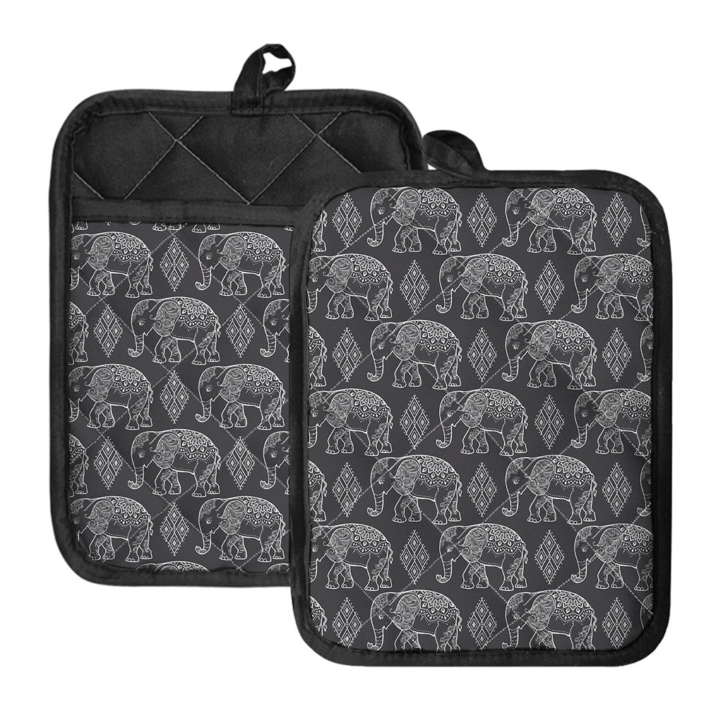 White And Grey Indian Elephant Print Pot Holders With Pocket