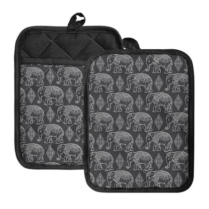 White And Grey Indian Elephant Print Pot Holders With Pocket