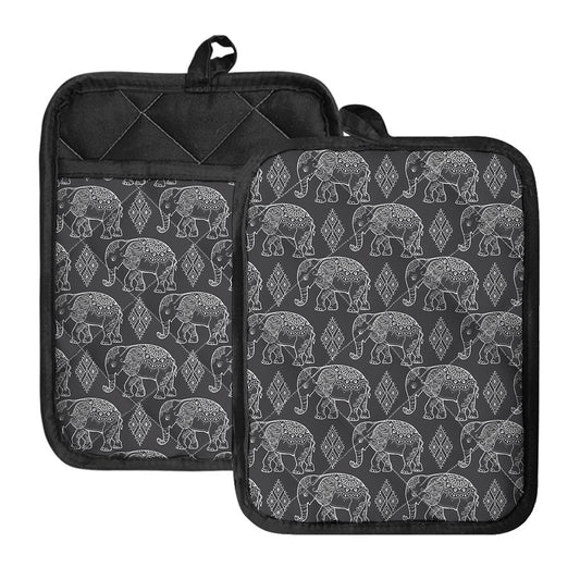 White And Grey Indian Elephant Print Pot Holders With Pocket