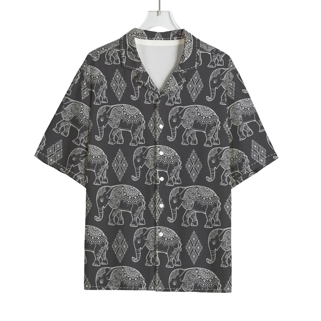 White And Grey Indian Elephant Print Rayon Hawaiian Shirt