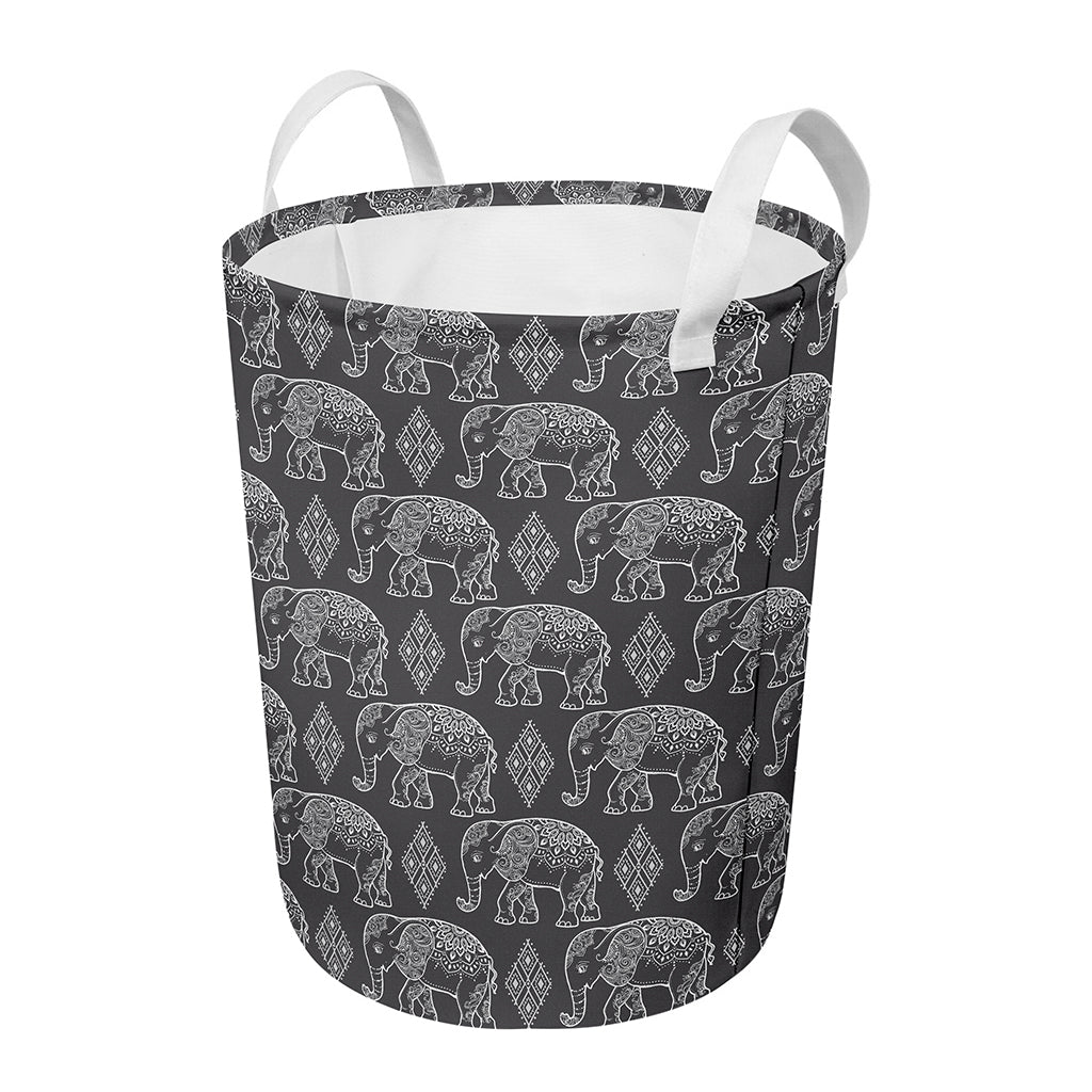 White And Grey Indian Elephant Print Round Laundry Basket