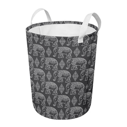 White And Grey Indian Elephant Print Round Laundry Basket