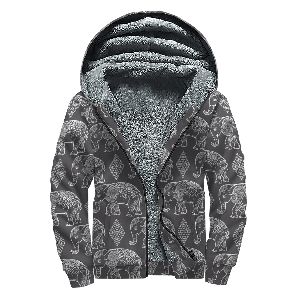 White And Grey Indian Elephant Print Sherpa Lined Zip Up Hoodie