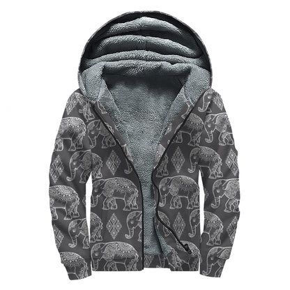 White And Grey Indian Elephant Print Sherpa Lined Zip Up Hoodie