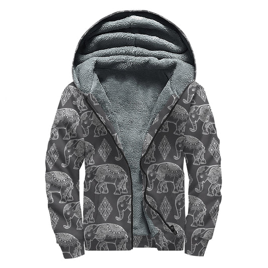 White And Grey Indian Elephant Print Sherpa Lined Zip Up Hoodie