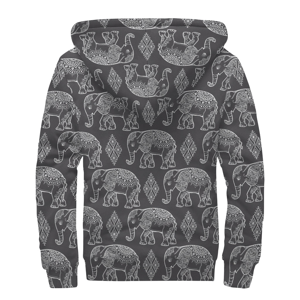 White And Grey Indian Elephant Print Sherpa Lined Zip Up Hoodie