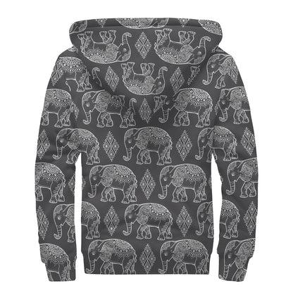 White And Grey Indian Elephant Print Sherpa Lined Zip Up Hoodie