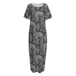 White And Grey Indian Elephant Print Short Sleeve Long Nightdress