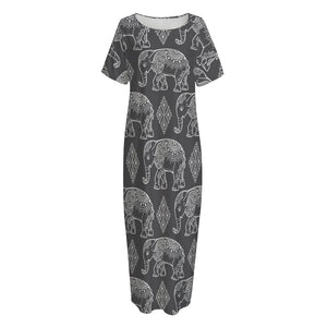 White And Grey Indian Elephant Print Short Sleeve Long Nightdress