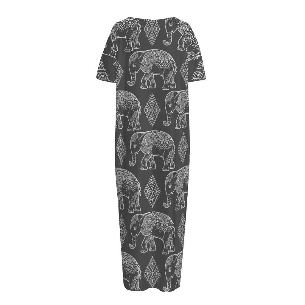 White And Grey Indian Elephant Print Short Sleeve Long Nightdress