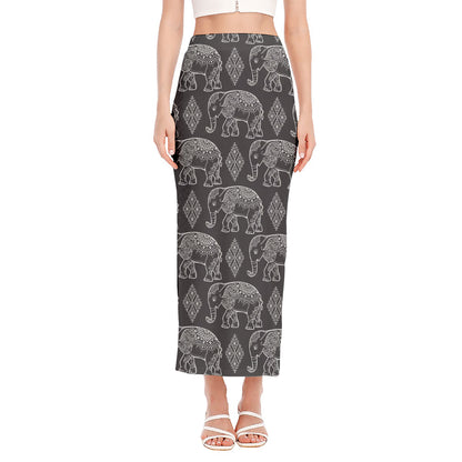 White And Grey Indian Elephant Print Side Slit Maxi Skirt
