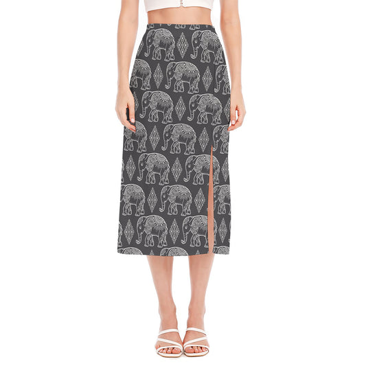 White And Grey Indian Elephant Print Side Slit Midi Skirt