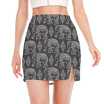 White And Grey Indian Elephant Print Side Slit Mini Skirt