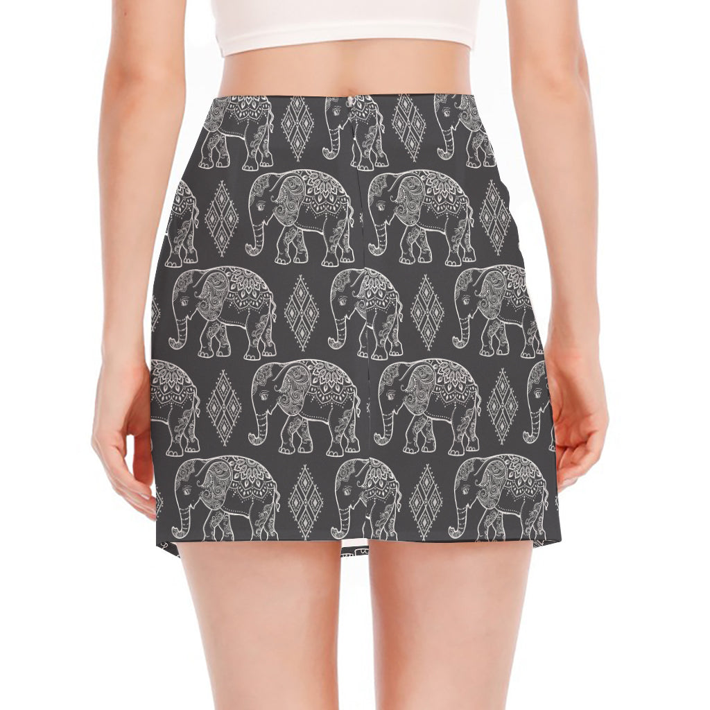 White And Grey Indian Elephant Print Side Slit Mini Skirt