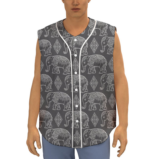 White And Grey Indian Elephant Print Sleeveless Baseball Jersey