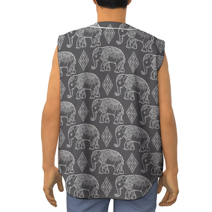 White And Grey Indian Elephant Print Sleeveless Baseball Jersey