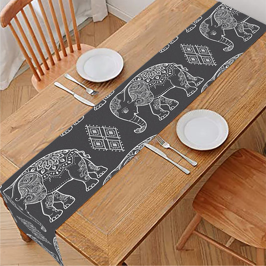 White And Grey Indian Elephant Print Table Runner