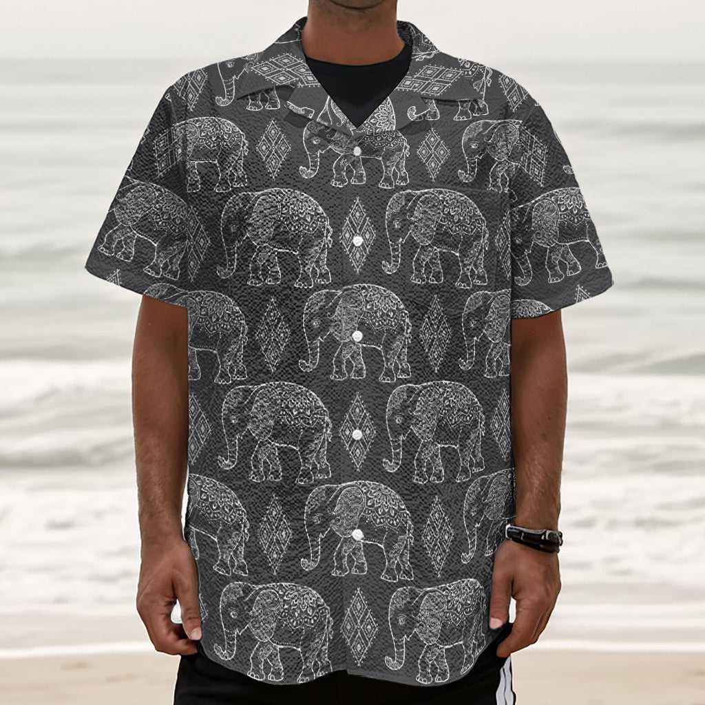 White And Grey Indian Elephant Print Textured Short Sleeve Shirt