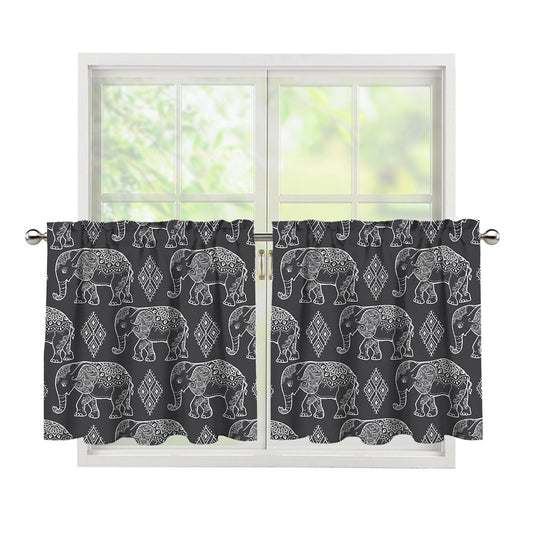 White And Grey Indian Elephant Print Tier Curtains