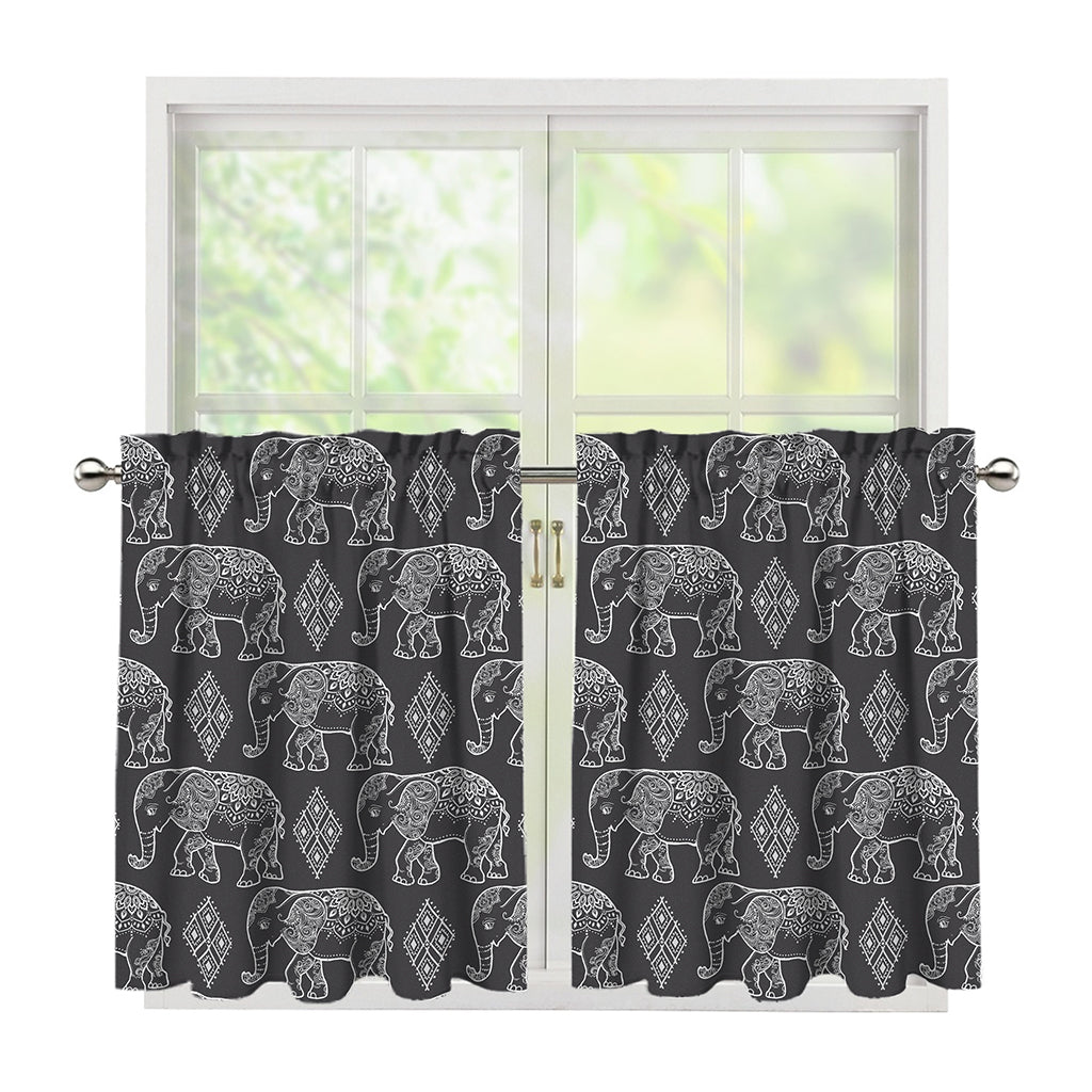 White And Grey Indian Elephant Print Tier Curtains