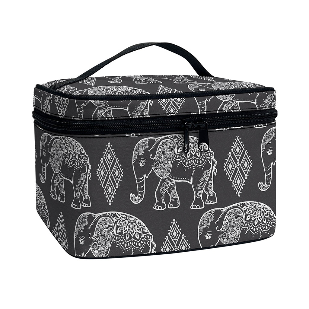 White And Grey Indian Elephant Print Travel Makeup Bag