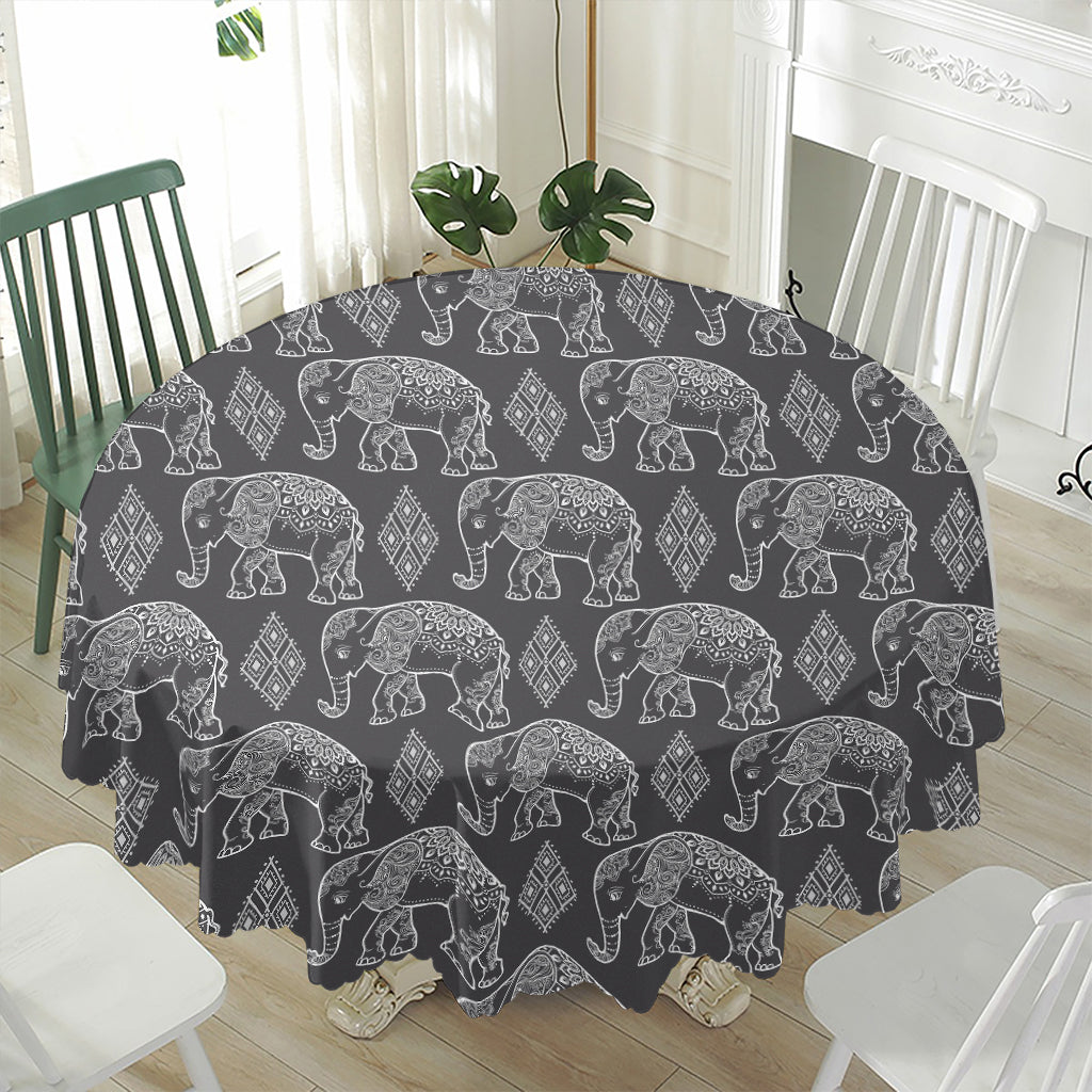 White And Grey Indian Elephant Print Waterproof Round Tablecloth