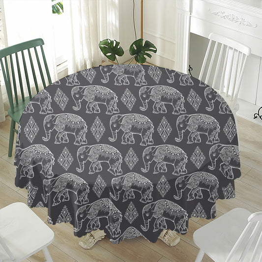 White And Grey Indian Elephant Print Waterproof Round Tablecloth