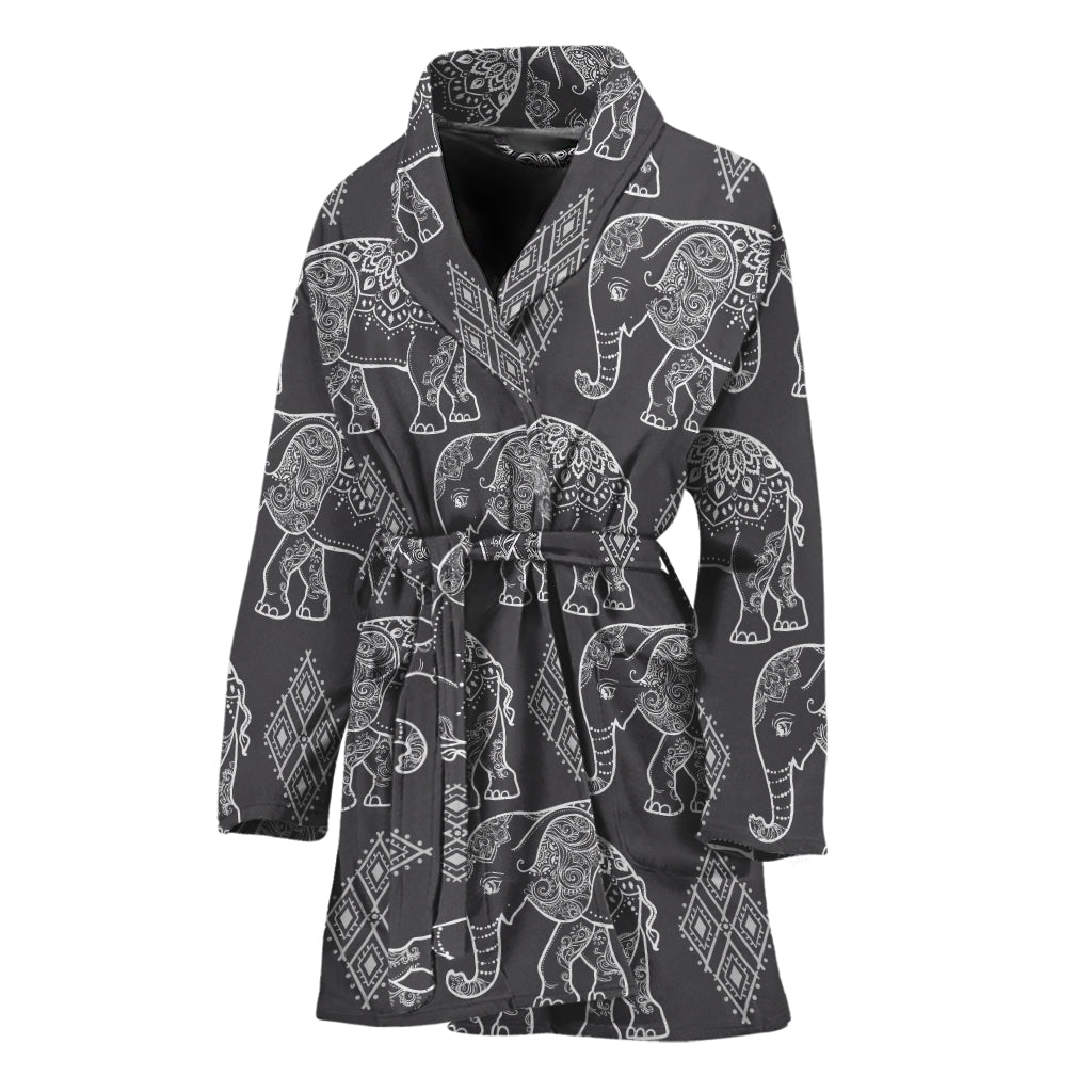 White And Grey Indian Elephant Print Women's Bathrobe