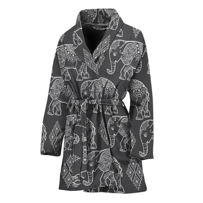 White And Grey Indian Elephant Print Women's Bathrobe